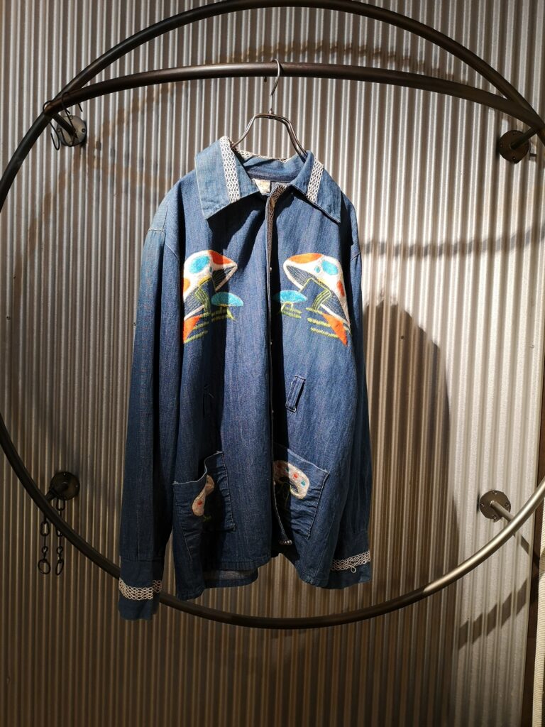 70s キノコ　刺繍　デニムジャケット